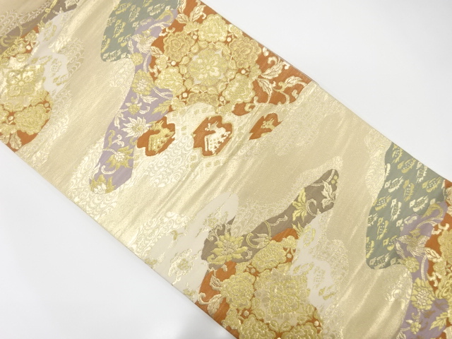 霞に華紋・花鳥模様織出し袋帯